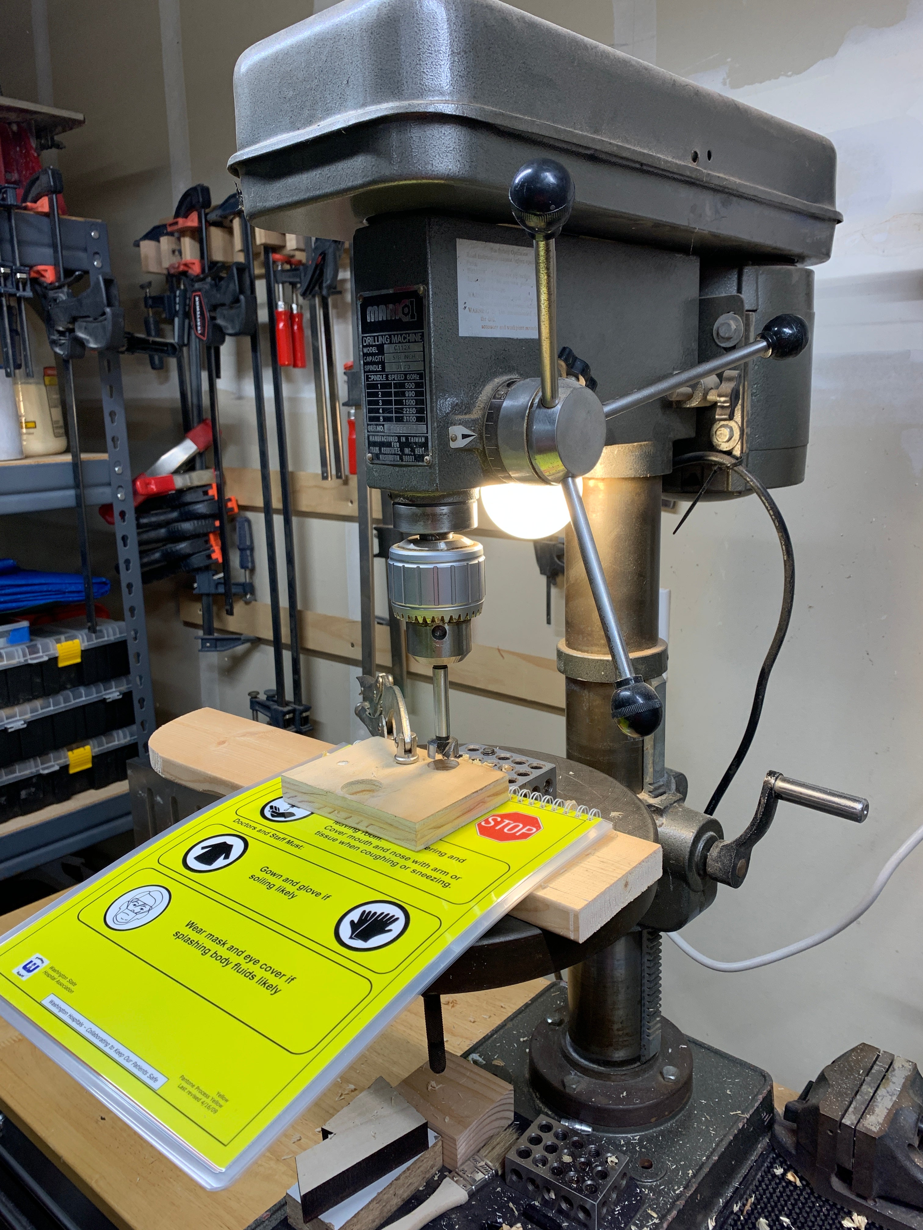 Kurblink shop uses high tech tools and low tech tools alike.  Here is a drill press which is used frequently.